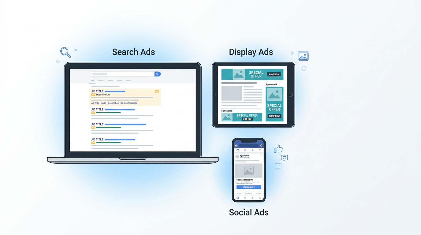 ppc ads types search ads, display ads, and social ads